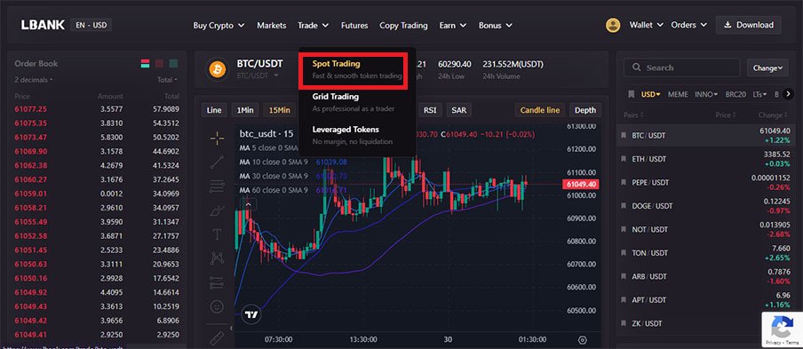 سفارش گذاری ترید در بخش اسپات صرافی ال بانک Lbank